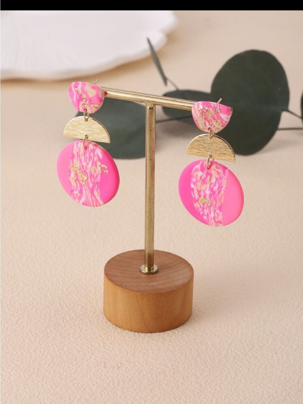 Hot Pink Marbled Drop Earrings with Gold Half-Moon - Picture 2 of 10